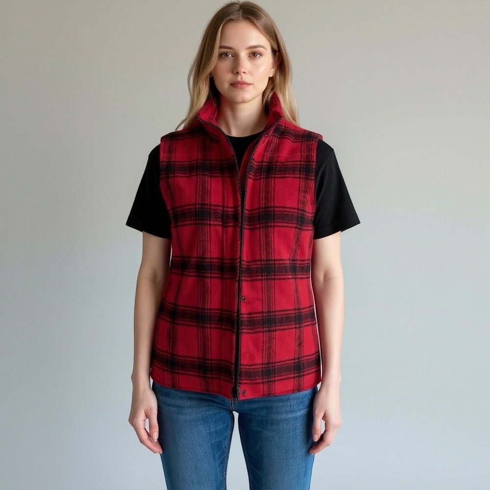 J.Jill red black tartan plaid sleeveless wool vest Full Zip Closure S cabincore